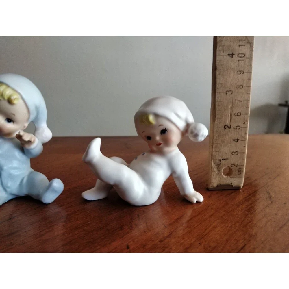 Vintage Figurines Japan Lot Of 2 Pajama Baby Pixie Norcrest 1950s 60s Blue Wht